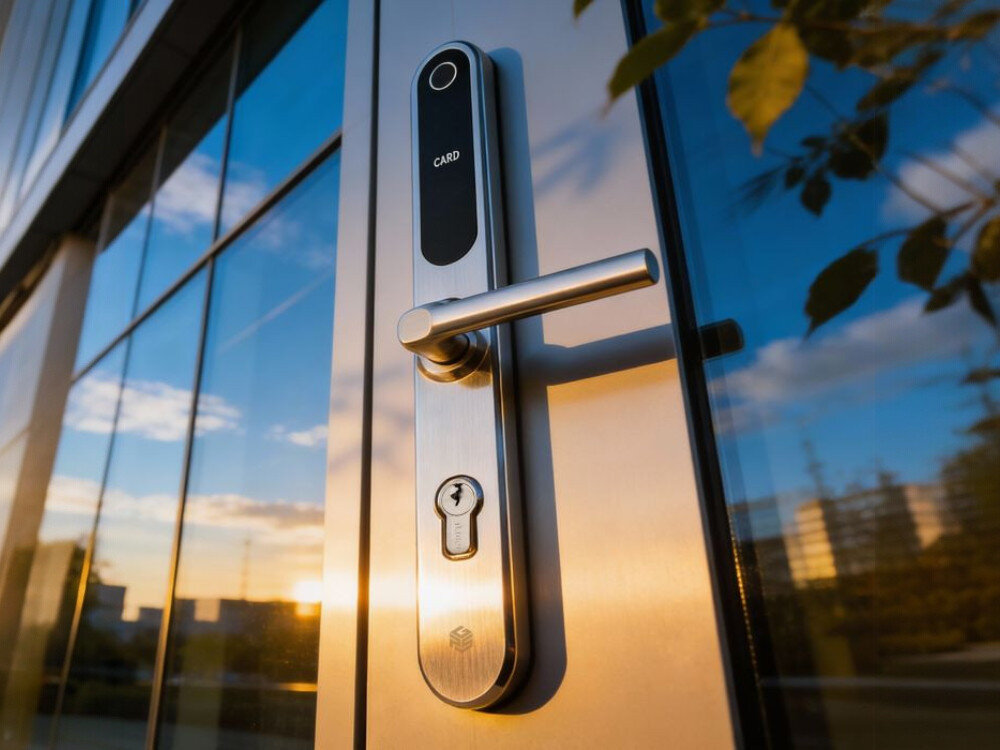 Klamka PSG Verro 92 Srebrny, elegancja, dotyk, srebro, design, klamka smart zamontowana na drzwiach o zachodzie słońca 