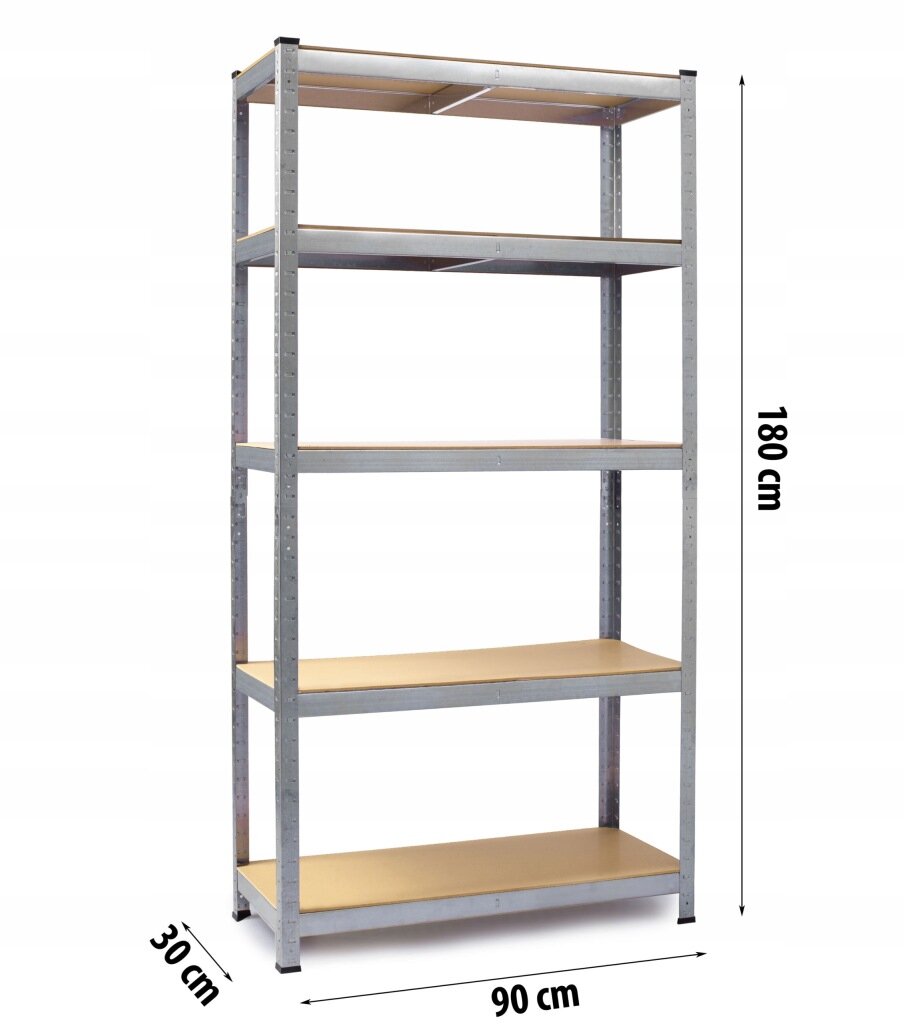 Metalowy regał magazynowy z pięcioma półkami, o wymiarach 180 cm wysokości, 90 cm szerokości i 30 cm głębokości.