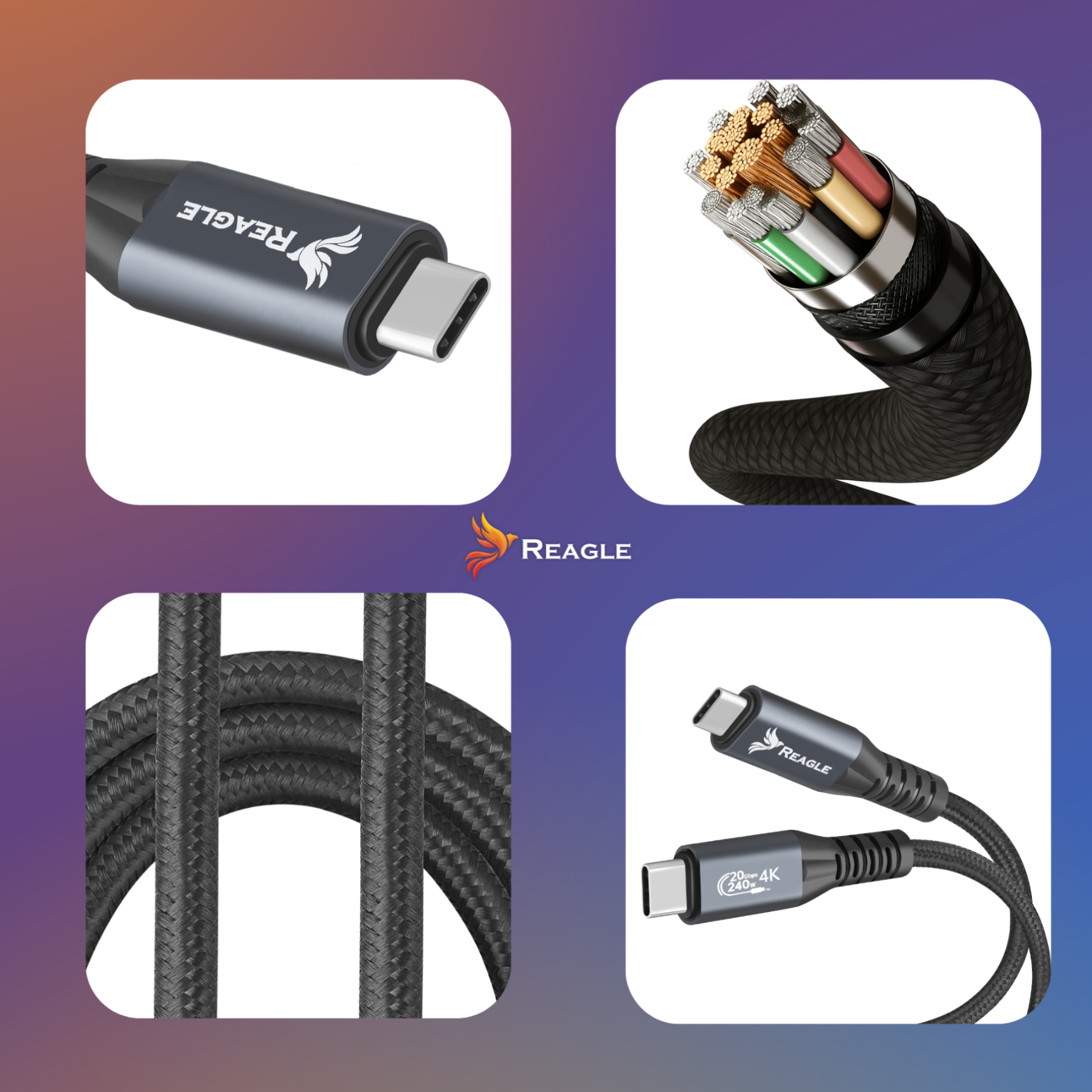 Obraz przedstawia cztery ujęcia kabla USB-C z logo \'REAGLE\'. Kabel ma plecioną osłonę, a jedno z ujęć pokazuje jego wewnętrzną strukturę z kolorowymi przewodami.