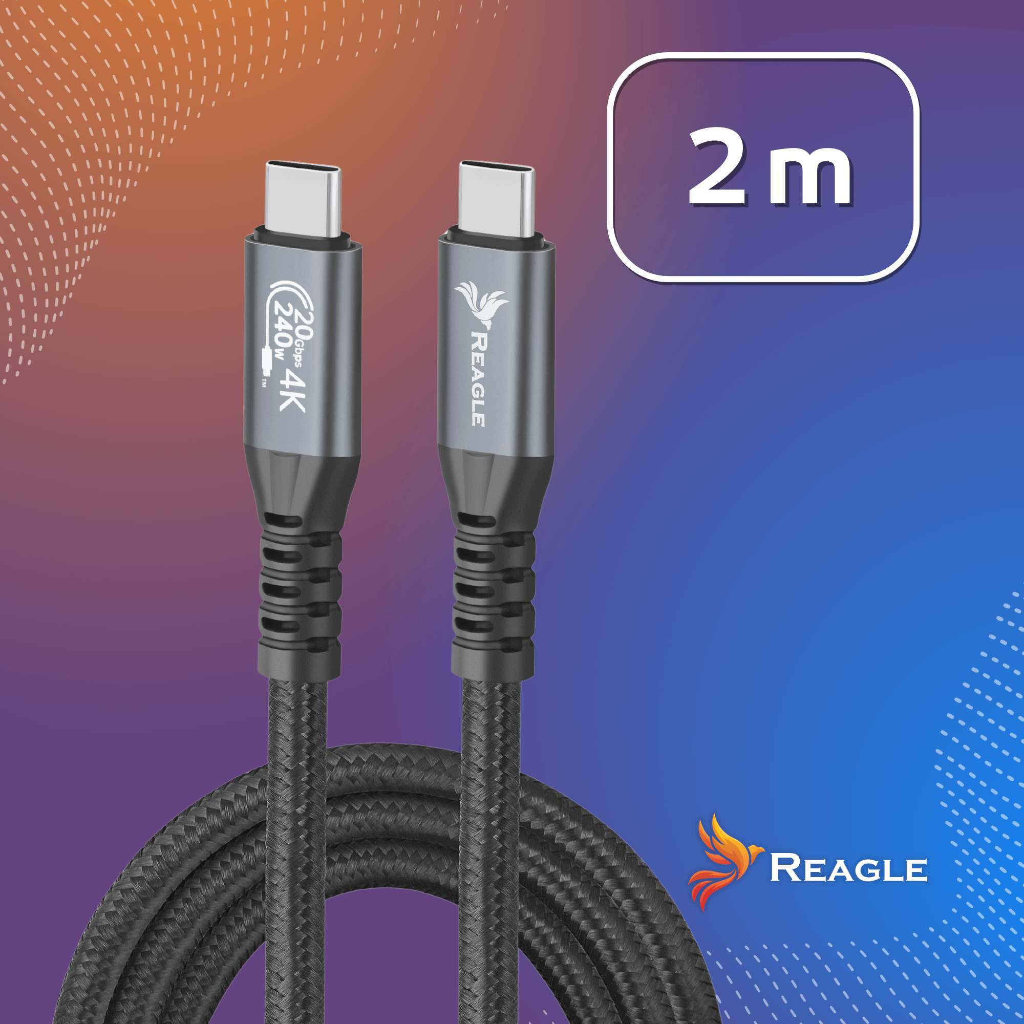 Obraz przedstawia kabel USB-C - USB-C z metalowymi końcówkami, na których widnieją napisy \'240W 20Gbps 4K\' oraz \'REAGLE\'. W tle znajduje się gradientowe tło z napisem \'2 m\' oraz logo REAGLE.