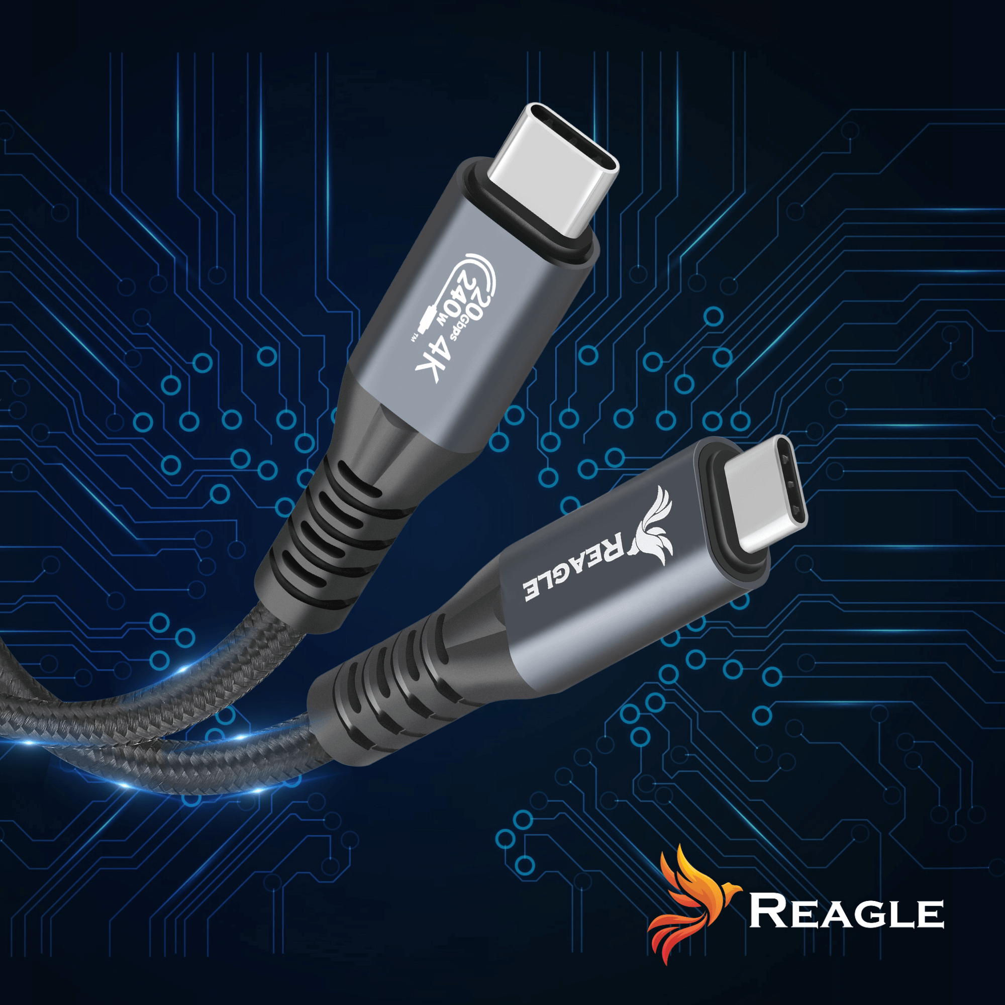 Obraz przedstawia dwa końce kabla USB-C z napisami \'20Gbps 240W 4K\' oraz \'REAGLE\'. W tle widoczny jest wzór przypominający obwody elektroniczne, a w prawym dolnym rogu znajduje się logo REAGLE.