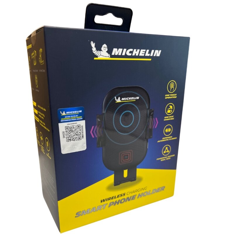 Opakowanie produktu z uchwytem samochodowym na telefon z funkcją ładowania bezprzewodowego, z logo Michelin na górze. Na opakowaniu widoczne są ikony przedstawiające funkcje produktu oraz kod QR.