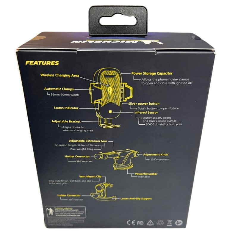 Opakowanie produktu z logo \'MICHELIN\' na górze, zawierające schemat i opis funkcji uchwytu samochodowego z ładowarką. Widoczne są takie elementy jak \'Wireless Charging Area\', \'Automatic Clamps\', \'Silver power button\' oraz \'Infrared Sensor\'.