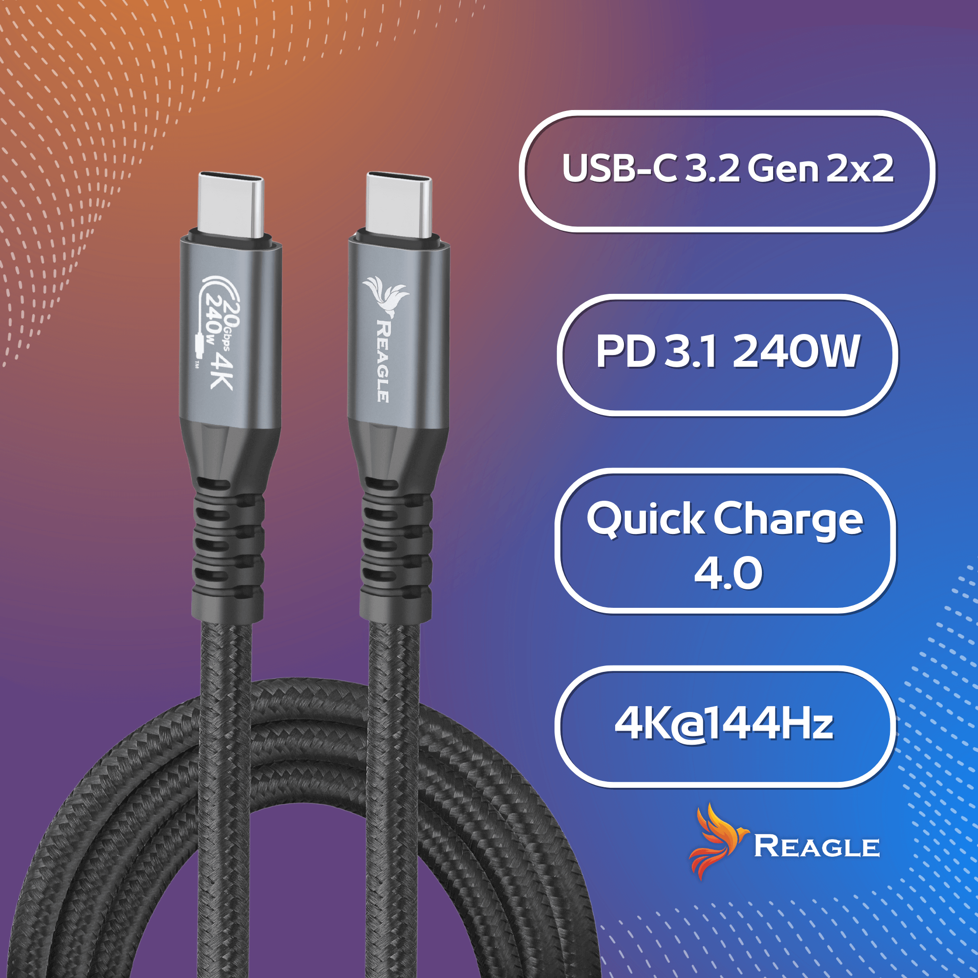 Obraz przedstawia kabel USB-C z logo Reagle na tle gradientu. Obok znajdują się napisy: \'USB-C 3.2 Gen 2x2\', \'PD 3.1 240W\', \'Quick Charge 4.0\', \'4K@144Hz\'.