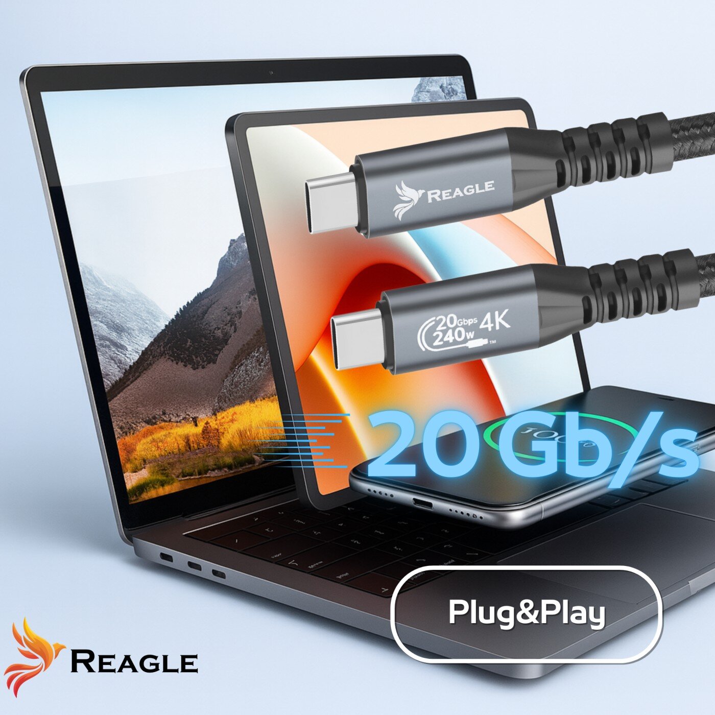 Obraz przedstawia dwa kable USB-C z logo Reagle, podłączone do laptopa i smartfona. Widoczny jest tekst: \'20Gbps 240W 4K\' oraz \'20 Gb/s\' i \'Plug&Play\'.
