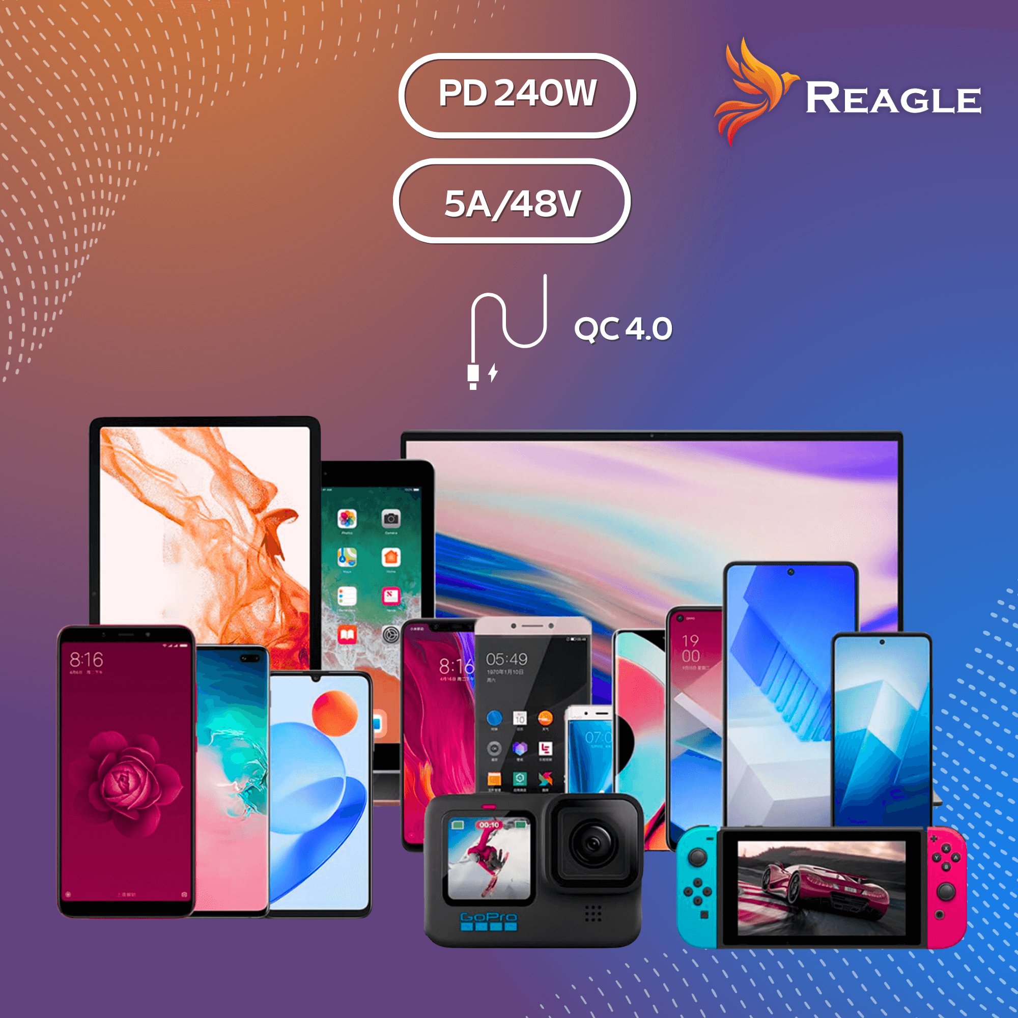 Obraz przedstawia różne urządzenia elektroniczne, takie jak smartfony, tablety i kamera sportowa, na tle gradientowego tła. Widoczne są napisy: \'PD 240W\', \'5A/48V\', \'QC 4.0\' oraz logo \'REAGLE\'.