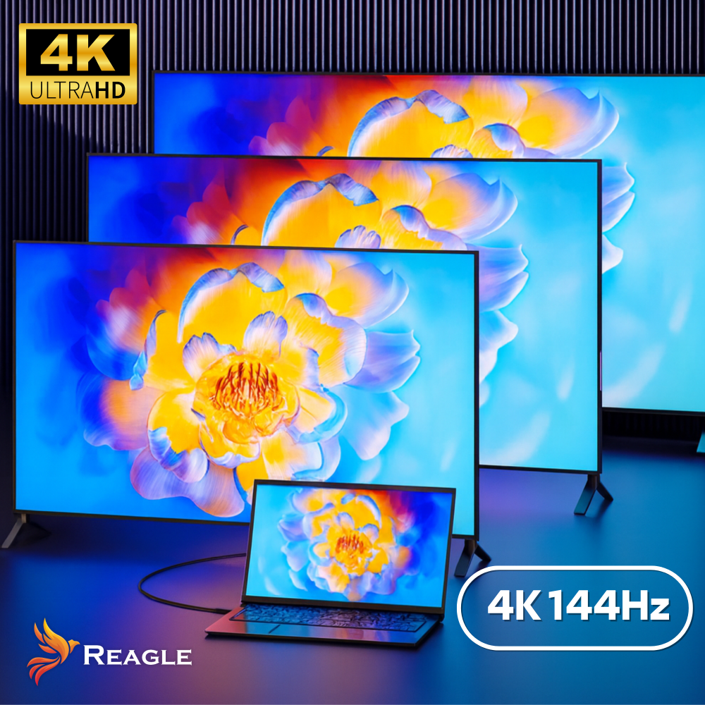 Na obrazie widać kilka ekranów wyświetlających kolorowy kwiat, z logo \'Reagle\' w lewym dolnym rogu. W lewym górnym rogu znajduje się napis \'4K ULTRA HD\', a w prawym dolnym \'4K144Hz\'.