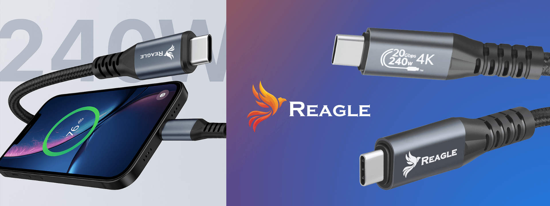 Obraz przedstawia kabel USB-C z logo Reagle, podłączony do smartfona z widocznym wskaźnikiem ładowania 76%. Na kablu widoczny jest napis \'20Gbps 240W 4K\'.