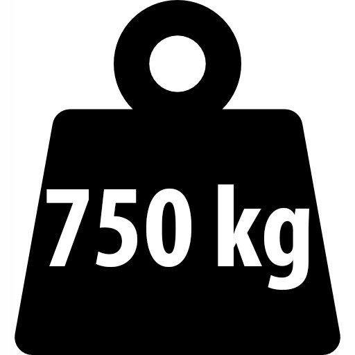Czarna ikona przedstawiająca ciężarek z napisem \'750 kg\'.