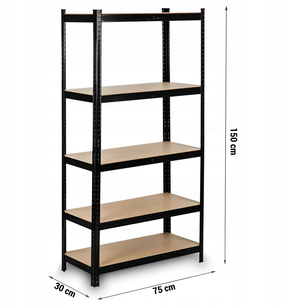 Metalowy regał magazynowy z pięcioma półkami, wykonany z czarnej ramy i drewnianych półek. Wymiary regału to 150 cm wysokości, 75 cm szerokości i 30 cm głębokości.