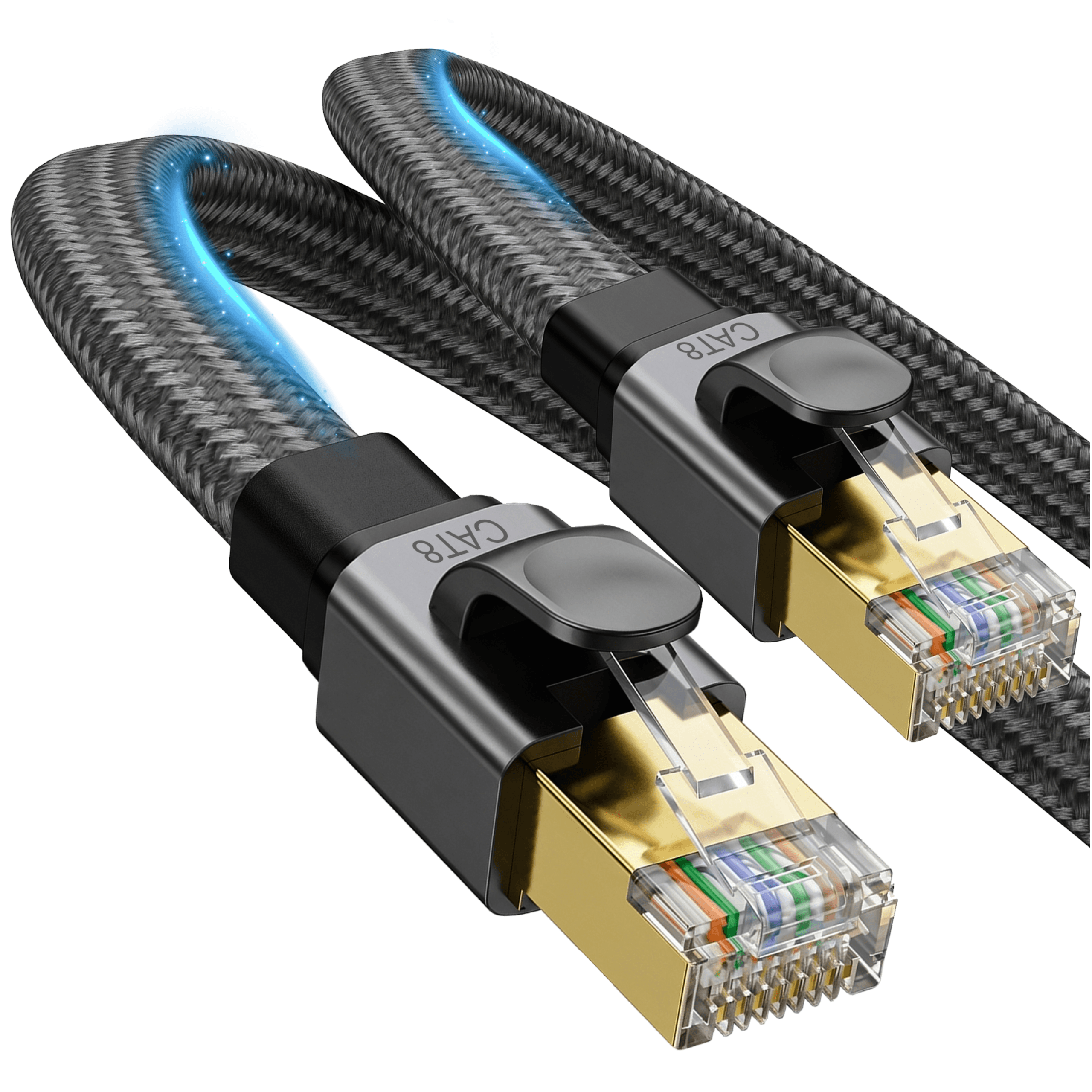 Obraz przedstawia dwa czarne kable sieciowe z końcówkami RJ45 oznaczonymi jako Cat8. Kable mają plecioną osłonę i złote złącza.