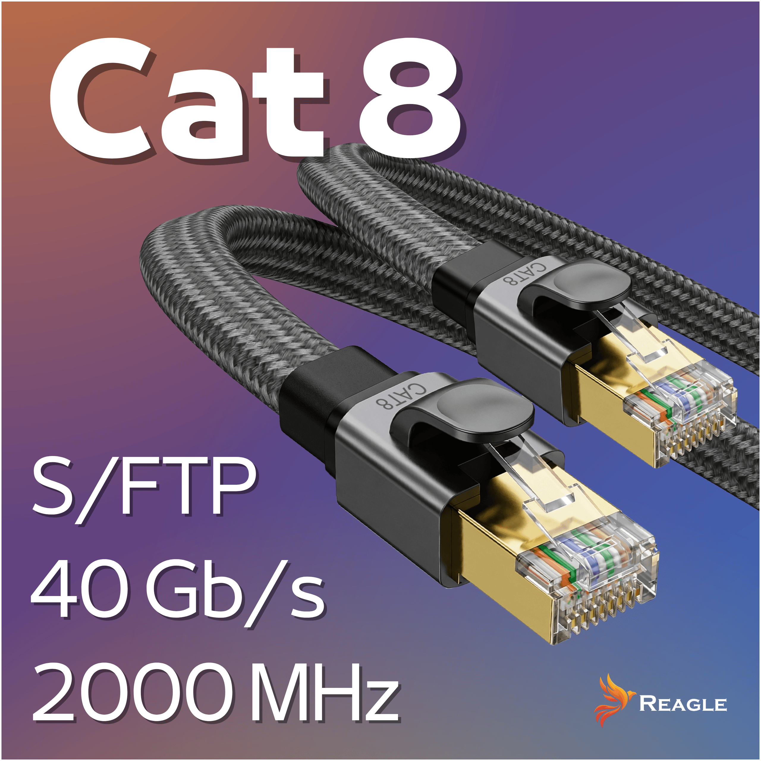 Obraz przedstawia dwa czarne kable sieciowe z końcówkami RJ45 oznaczone jako Cat 8. Na obrazie widoczny jest tekst: \'Cat 8\', \'S/FTP\', \'40 Gb/s\', \'2000 MHz\' oraz logo Reagle.