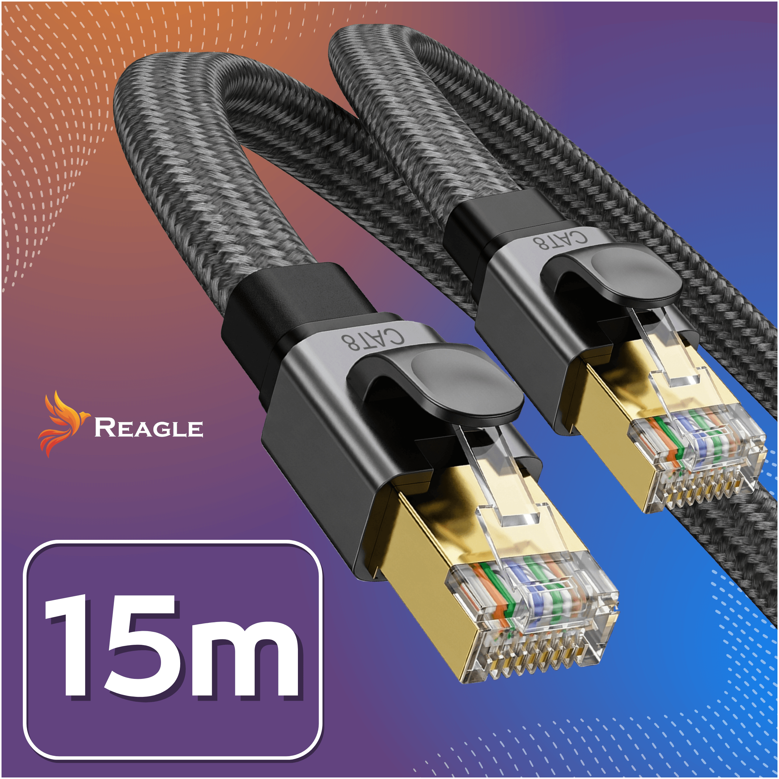 Obraz przedstawia dwa czarne, plecione kable sieciowe z końcówkami RJ45 oznaczonymi jako CAT8. W lewym dolnym rogu widoczne jest logo \'Reagle\' oraz napis \'15m\'.
