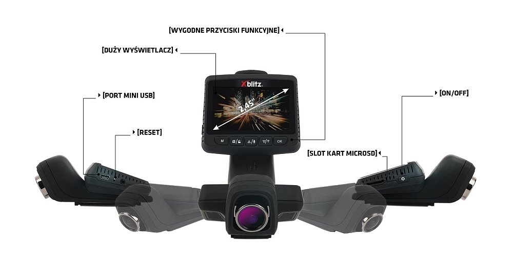 Wideorejestrator XBLITZ X5 WI-FI obsługa przyciski ekran ładowanie obudowa