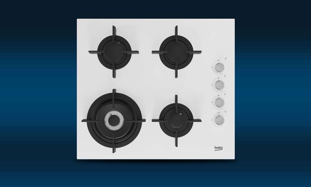 PŁYTA BEKO HILW64122SW Na grafice przedstawiono srebrną płytę gazową Beko z czterema palnikami rozmieszczonymi symetrycznie oraz czterema pokrętłami sterującymi umieszczonymi pionowo po prawej stronie. Urządzenie pokazano na granatowym tle z delikatnym przejściem tonalnym, co eksponuje prostą i funkcjonalną konstrukcję płyty płyta gazowa 60 cm szkło design łatwe czyszczenie 4 palniki