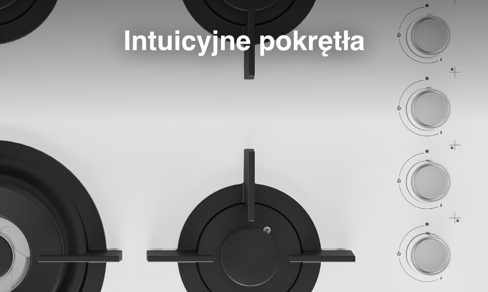 PŁYTA BEKO HILW64122SW Na grafice pokazano fragment czarnej płyty gazowej z widocznymi palnikami oraz czterema jasnymi pokrętłami ułożonymi pionowo po prawej stronie. U góry umieszczono biały napis „Intuicyjne pokrętła”, który podkreśla prostą i czytelną obsługę sterowania mocą płomienia łatwa regulacja płomienia precyzyjna kontrola komfort gotowania