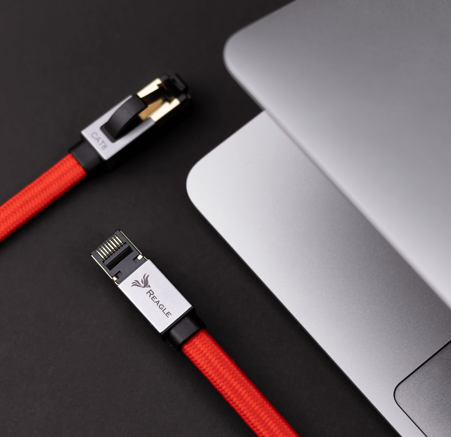 Na czarnym tle widoczny jest czerwony kabel sieciowy z końcówkami RJ45, oznaczony jako Cat8. Na jednej z końcówek znajduje się logo REAGLE.