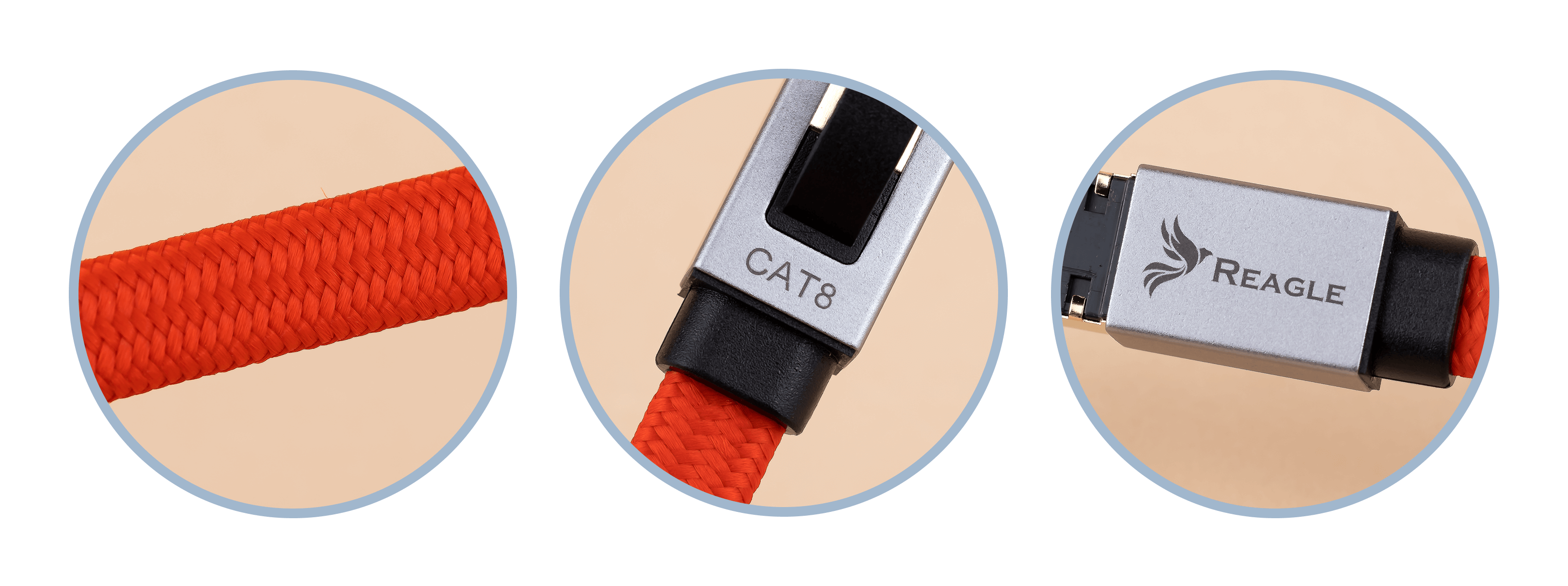 Trzy okrągłe zdjęcia przedstawiają czerwony kabel z plecioną osłoną, złącze oznaczone jako CAT8 oraz złącze z logo Reagle.