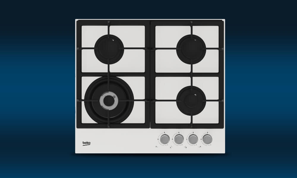 PŁYTA BEKO HILW64225SW Na grafice przedstawiono srebrną płytę gazową Beko z czterema palnikami rozmieszczonymi symetrycznie oraz czterema pokrętłami sterującymi umieszczonymi pionowo po prawej stronie. Urządzenie pokazano na granatowym tle z delikatnym przejściem tonalnym, co eksponuje prostą i funkcjonalną konstrukcję płyty płyta gazowa 60 cm szkło design łatwe czyszczenie 4 palniki