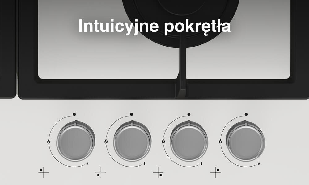 PŁYTA BEKO HILW64225SW Na grafice pokazano fragment czarnej płyty gazowej z widocznymi palnikami oraz czterema jasnymi pokrętłami ułożonymi pionowo po prawej stronie. U góry umieszczono biały napis „Intuicyjne pokrętła”, który podkreśla prostą i czytelną obsługę sterowania mocą płomienia łatwa regulacja płomienia precyzyjna kontrola komfort gotowania
