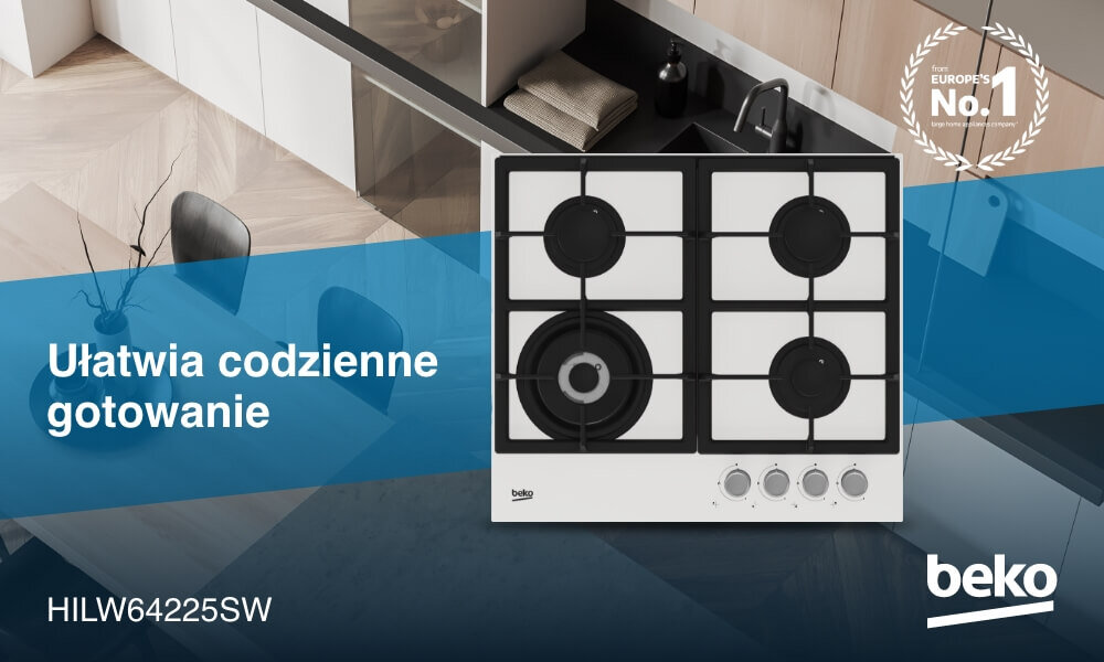 PŁYTA BEKO HILW64225SW Na grafice widoczna jest czarna płyta gazowa Beko z czterema palnikami i czterema pokrętłami umieszczonymi pionowo po prawej stronie, zaprezentowana na tle jasnej kuchni z blatem i zlewem. Na niebieskim pasie po lewej stronie umieszczono hasło „Ułatwia codzienne gotowanie”, oznaczenie modelu HILW64225SW oraz logo Beko, a w prawym górnym rogu znajduje się znak „Europe’s No.1”.