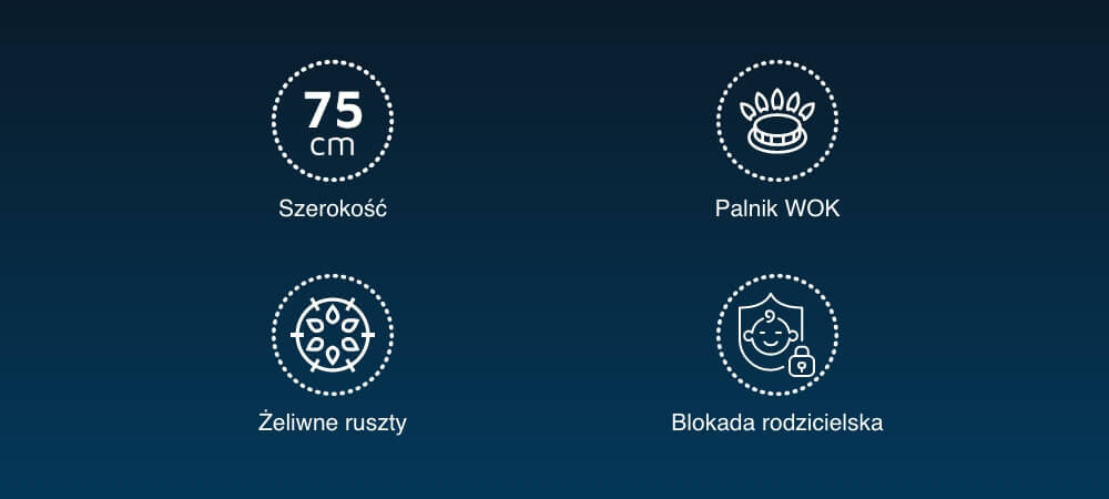 PŁYTA BEKO HILL75235S Na na granatowym tle przedstawiono cztery białe ikonki z opisami cech płyty gazowej: szerokość 60 cm, wysoce wydajne palniki gazowe, zabezpieczenie przeciwwypływowe gazu oraz zapalarkę w pokrętle. Ikony są umieszczone w dwóch rzędach, każda w przerywanej okrągłej ramce, co podkreśla najważniejsze funkcje urządzenia wydajne palniki mocny płomień szybkie gotowanie mniejsze zużycie gazu płyta 60 cm kompaktowa palnik wok szybkie smażenie oszczędność gazu zabezpieczenie gazu bezpieczeństwo