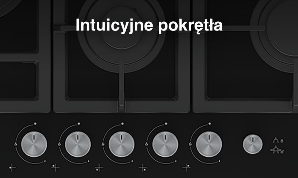 PŁYTA BEKO HILL75235S Na grafice pokazano fragment czarnej płyty gazowej z widocznymi palnikami oraz 5 jasnymi pokrętłami ułożonymi pionowo po prawej stronie. U góry umieszczono biały napis „Intuicyjne pokrętła”, który podkreśla prostą i czytelną obsługę sterowania mocą płomienia łatwa regulacja płomienia precyzyjna kontrola komfort gotowania