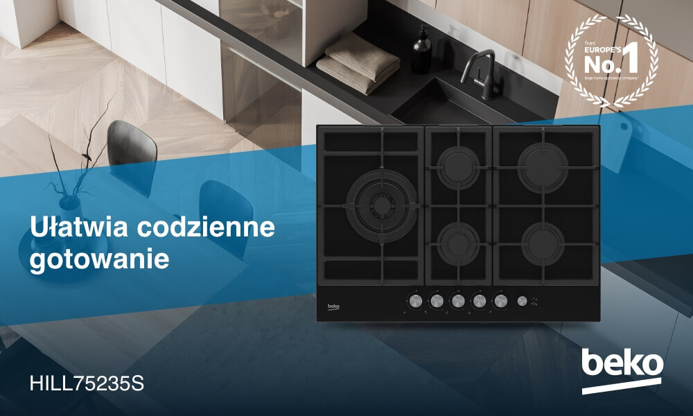 PŁYTA BEKO HILL75235S Na grafice widoczna jest czarna płyta gazowa Beko z 5 palnikami i 5 pokrętłami umieszczonymi pionowo po prawej stronie, zaprezentowana na tle jasnej kuchni z blatem i zlewem. Na niebieskim pasie po lewej stronie umieszczono hasło „Ułatwia codzienne gotowanie”, oznaczenie modelu HILL75235S oraz logo Beko, a w prawym górnym rogu znajduje się znak „Europe’s No.1”.