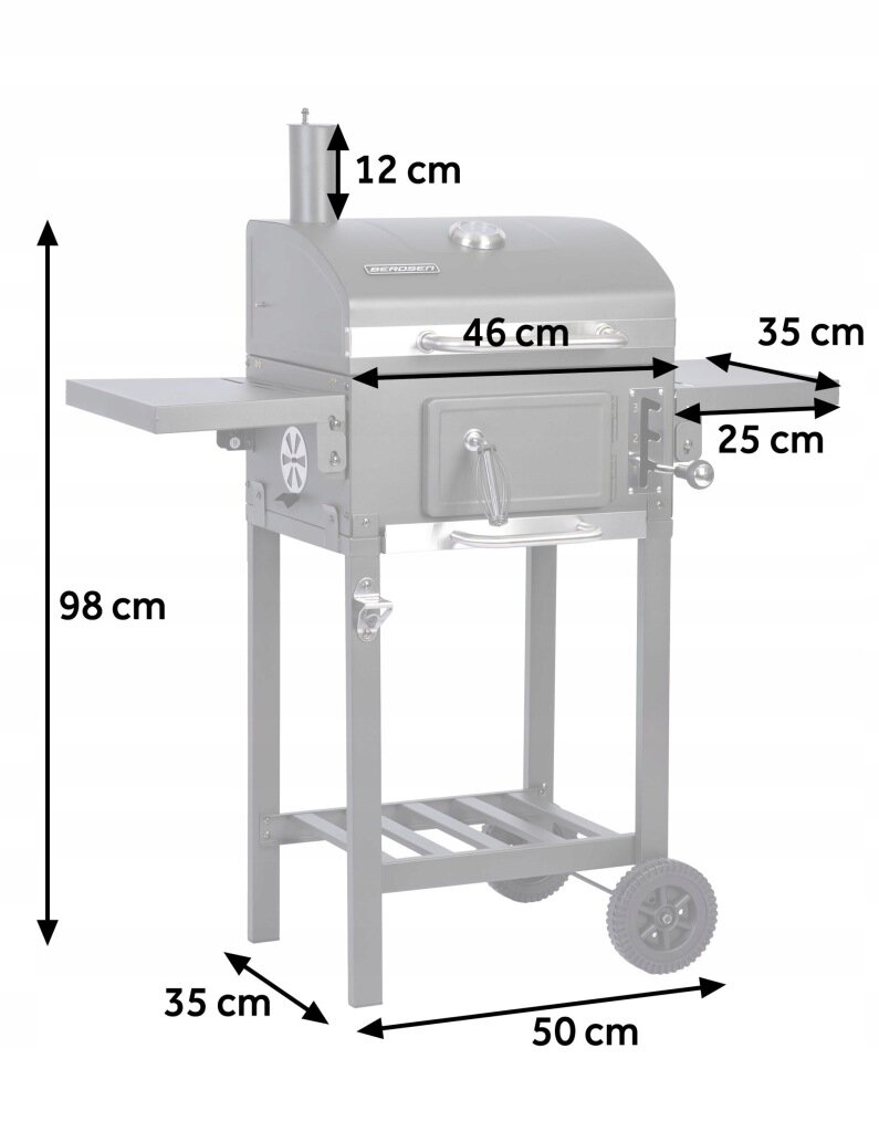 Obraz przedstawia grill węglowy z pokrywą, półką boczną i dolną, oraz dwoma kołami. Na grillu widoczne są wymiary: 98 cm wysokości, 46 cm szerokości, 35 cm głębokości, 25 cm głębokości komory, 12 cm wysokości komina i 50 cm szerokości podstawy.
