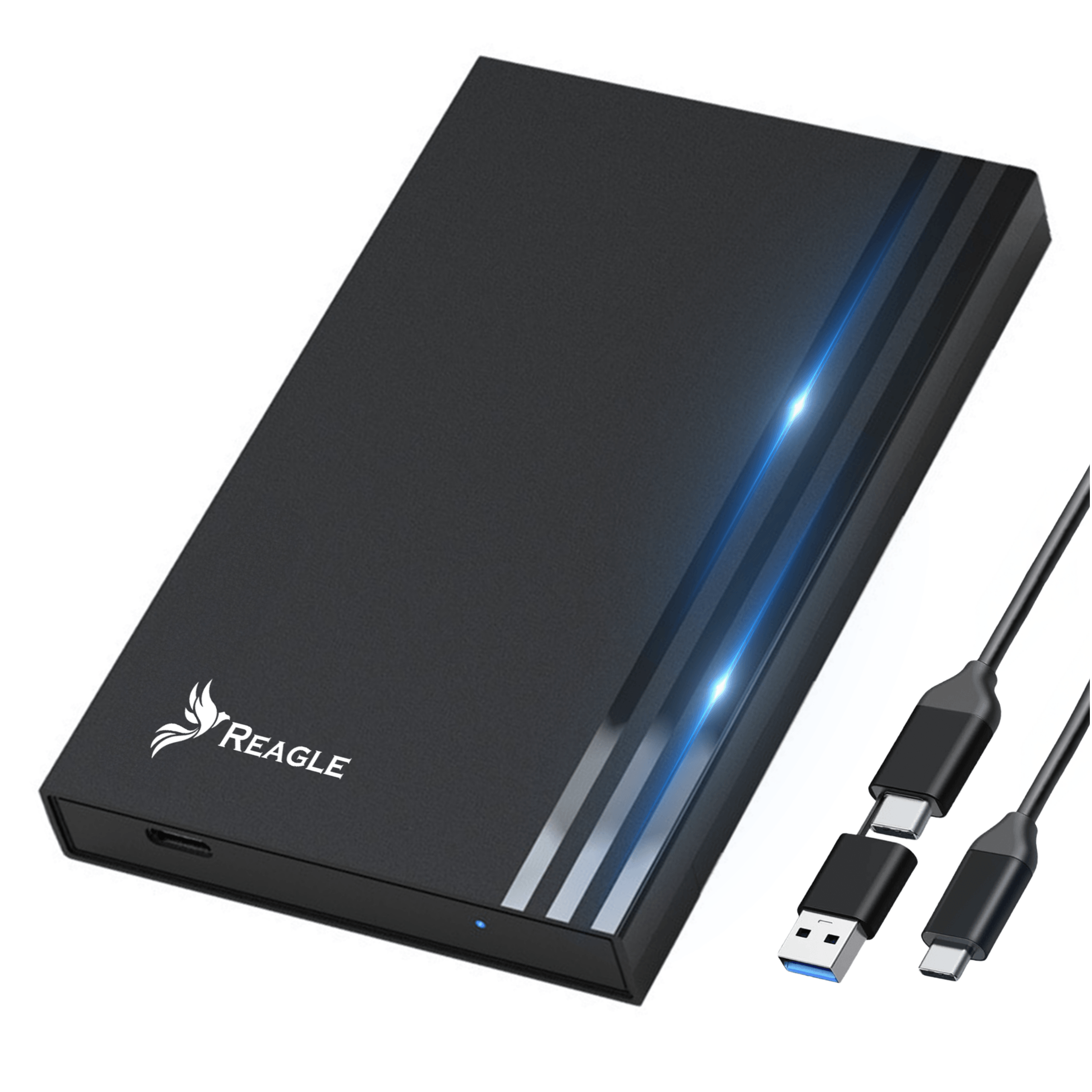 Czarna obudowa dysku z logo \'REAGLE\' i niebieskim podświetleniem na powierzchni. Obok znajdują się dwa kable: USB-C i USB-A do USB-C.