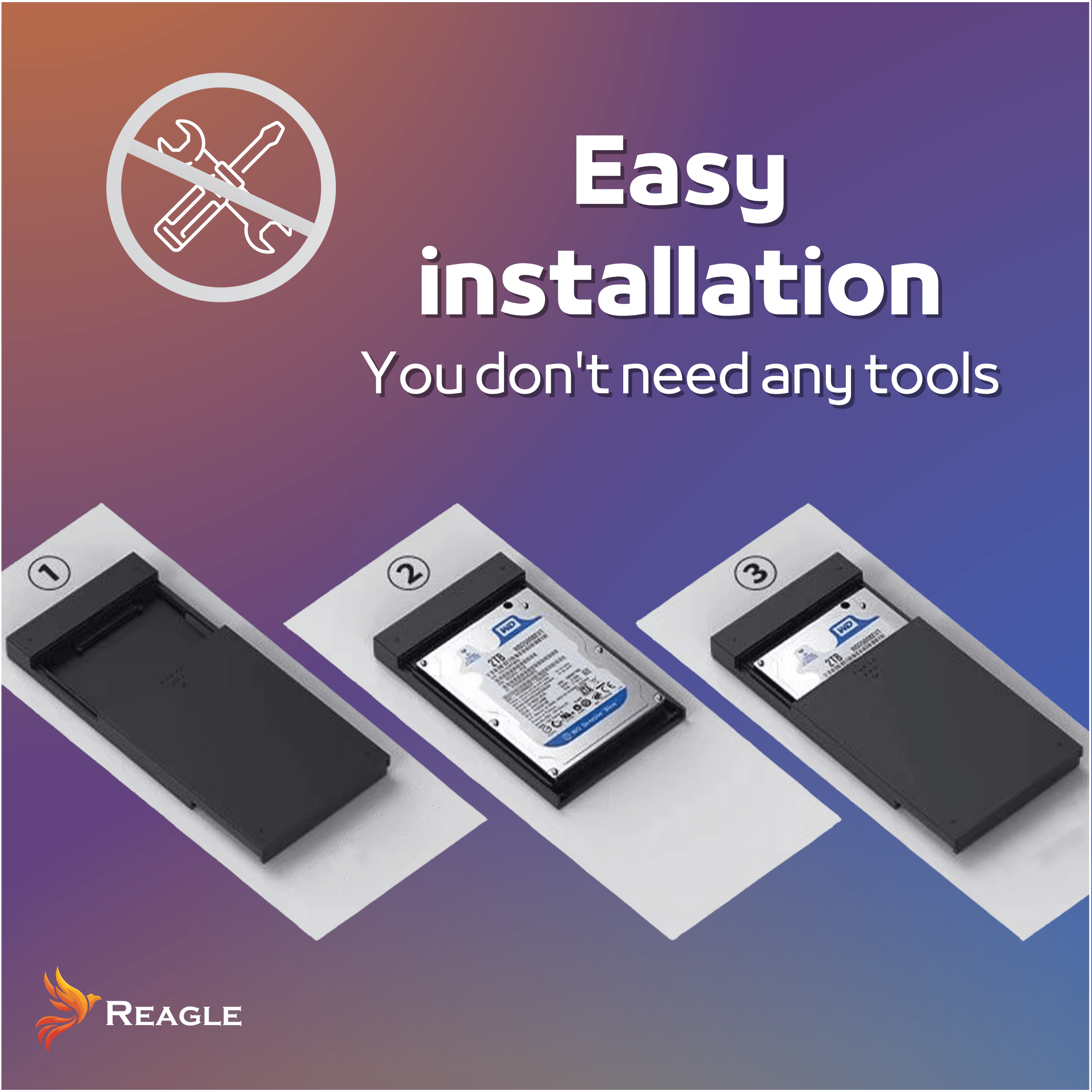 Obraz przedstawia trzy etapy instalacji obudowy dysku, oznaczone numerami 1, 2 i 3. Na górze widnieje tekst: \'Easy installation You don\'t need any tools\', a w lewym dolnym rogu znajduje się logo Reagle.
