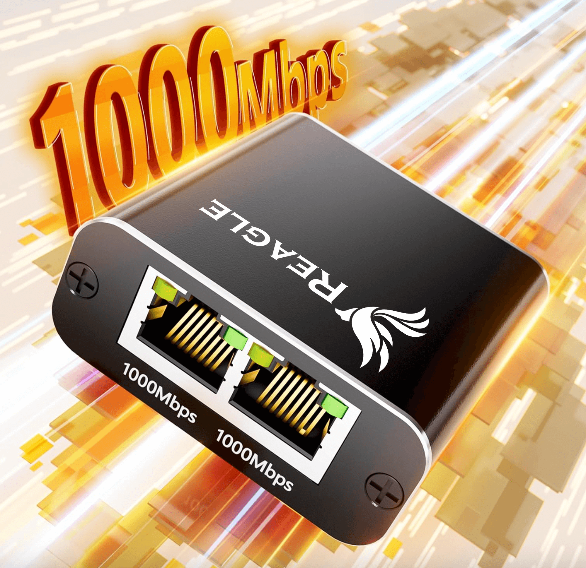 Obraz przedstawia czarny adapter z dwoma portami Ethernet oznaczonymi jako \'1000Mbps\'. Na urządzeniu widoczne jest logo \'REAGLE\', a w tle znajduje się napis \'1000Mbps\' w kolorze pomarańczowym.