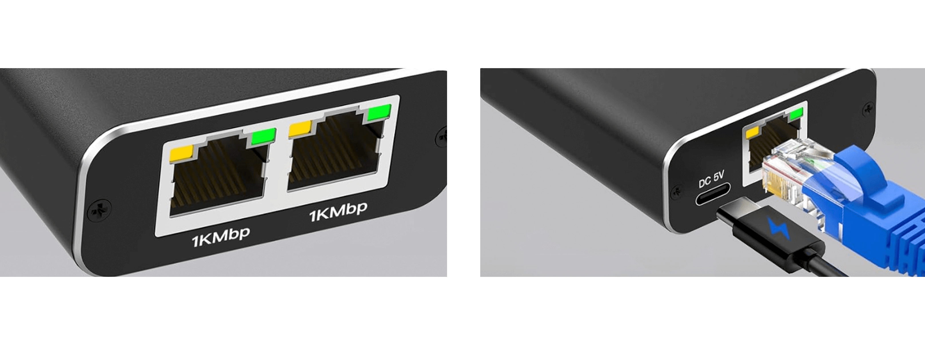 Obraz przedstawia czarny adapter z dwoma portami Ethernet oznaczonymi jako \'1KMbp\'. Obok znajduje się port z podłączonymi kablami Ethernet i zasilania, z oznaczeniem \'DC 5V\'.