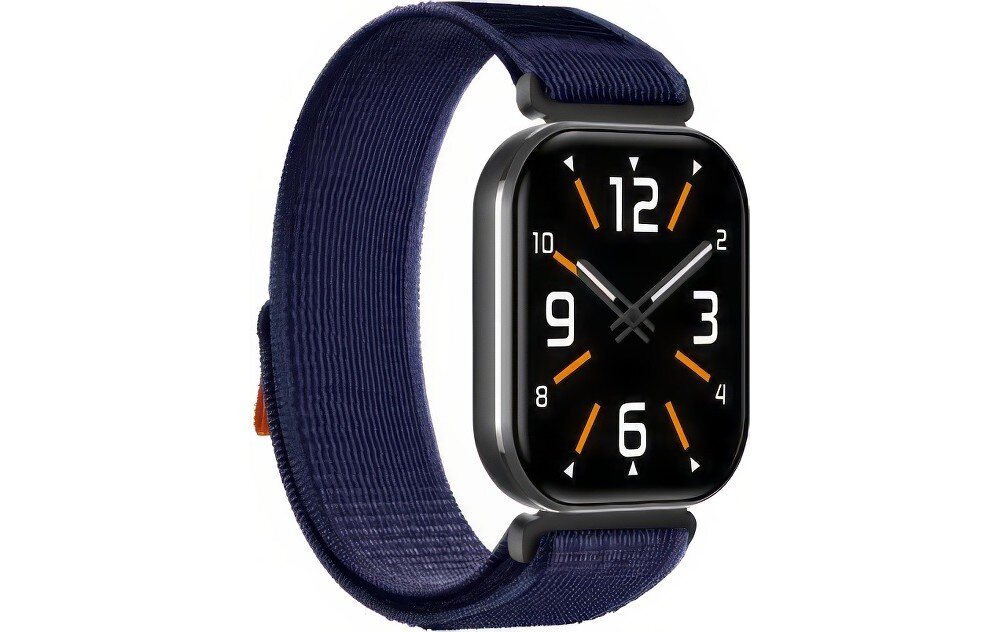 Smartwatch z czarnym, prostokątnym wyświetlaczem i granatowym paskiem. Na tarczy widoczne są cyfry 12, 3, 6 i 9 oraz pomarańczowe wskazówki godzinowe.