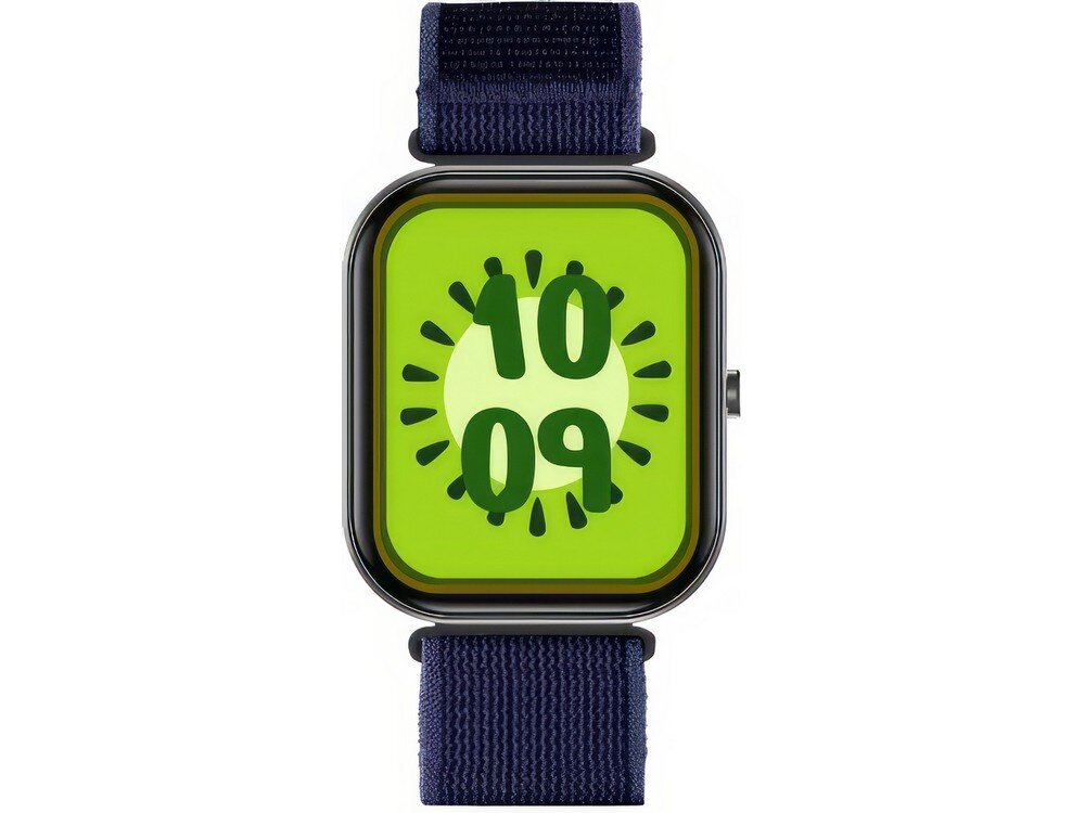 Smartwatch z czarną kopertą i granatowym paskiem, wyświetlający godzinę 10:09 na zielonym tle.