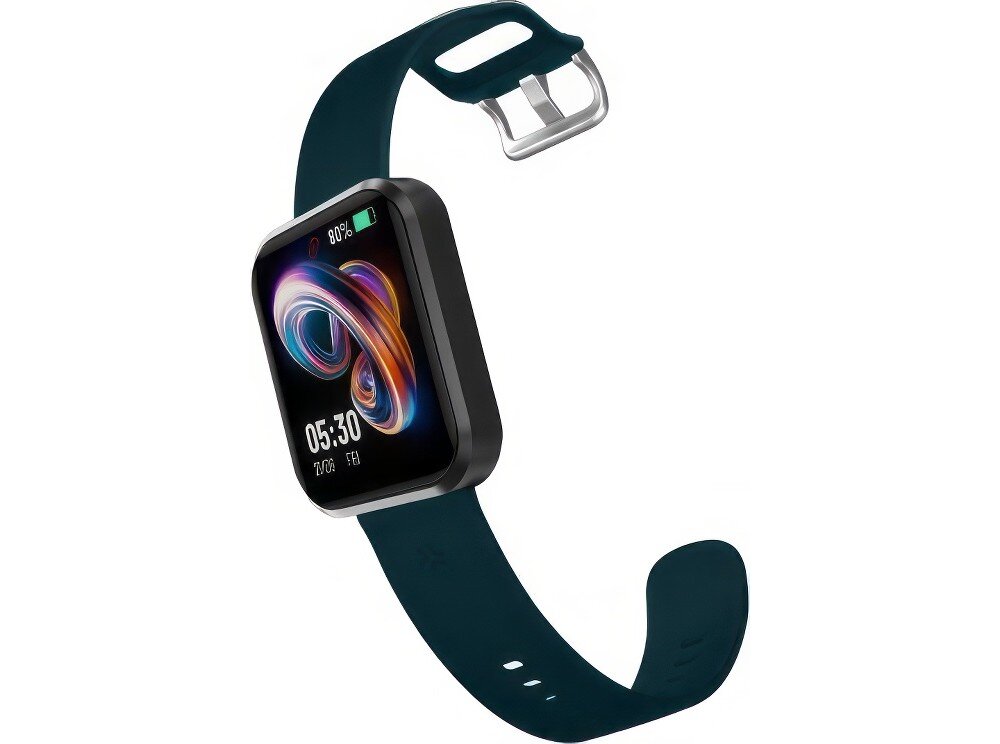 Smartwatch z czarną kopertą i niebieskim paskiem, wyświetlający godzinę 05:30 oraz datę 12/08 FEB. Na ekranie widoczny jest kolorowy wzór i ikona baterii z poziomem 80%.