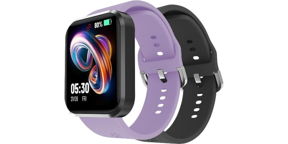 Smartwatch z czarną kopertą i dwoma paskami: fioletowym i czarnym. Na ekranie widoczna jest godzina 05:30, data 27/03, dzień tygodnia piątek oraz ikona baterii z poziomem 80%.