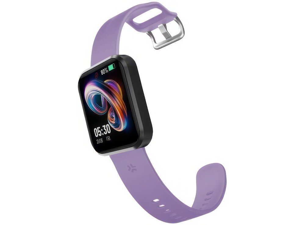 Smartwatch z czarną kopertą i fioletowym paskiem, na ekranie widoczna jest godzina 05:30 oraz poziom naładowania baterii 80%.