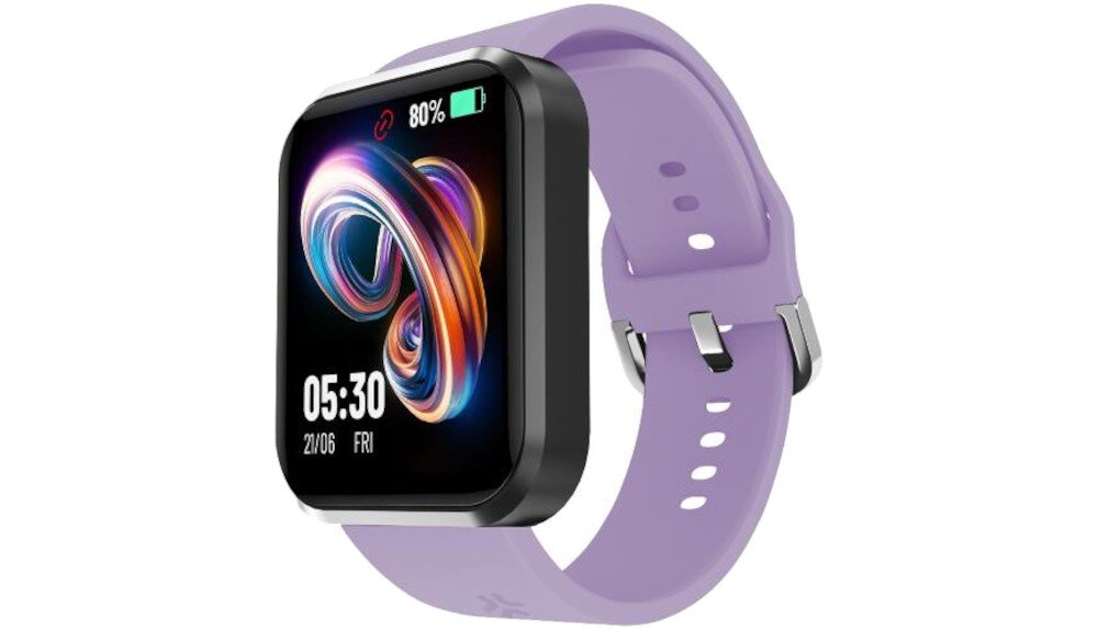 Smartwatch z czarną kopertą i fioletowym paskiem, na ekranie wyświetlana jest godzina 05:30, data 21/06, dzień tygodnia piątek oraz ikona baterii z poziomem 80%.