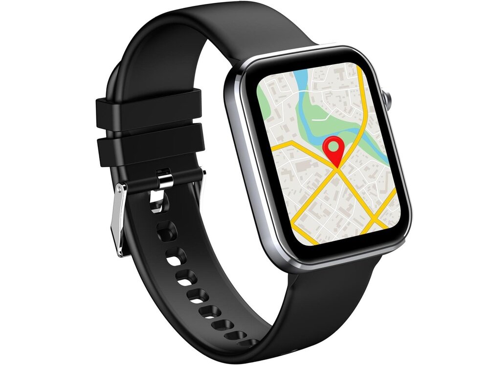 Czarny smartwatch z prostokątnym ekranem, na którym wyświetlana jest mapa z czerwoną pinezką lokalizacyjną.