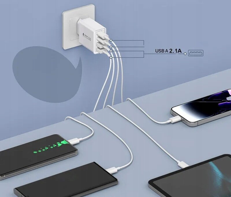 Ładowarka sieciowa z czterema portami USB podłączona do gniazdka, z kablami ładującymi trzy smartfony i tablet. Na ładowarce widoczny jest napis \'Quick Charge 3.0\'.