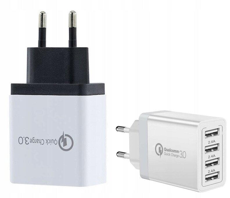 Obraz przedstawia dwie ładowarki sieciowe z wtyczkami europejskimi. Na jednej z nich widoczny jest napis \'Quick Charge 3.0\', a na drugiej \'Qualcomm Quick Charge 3.0\' oraz cztery porty USB oznaczone jako 2.4A.