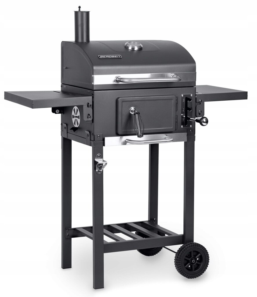 Grill węglowy ogrodowy z pokrywą, komin żeliwny, ruszt i popielnik, wyposażony w termometr. Na pokrywie widoczne jest logo \'BERDSEN\'.