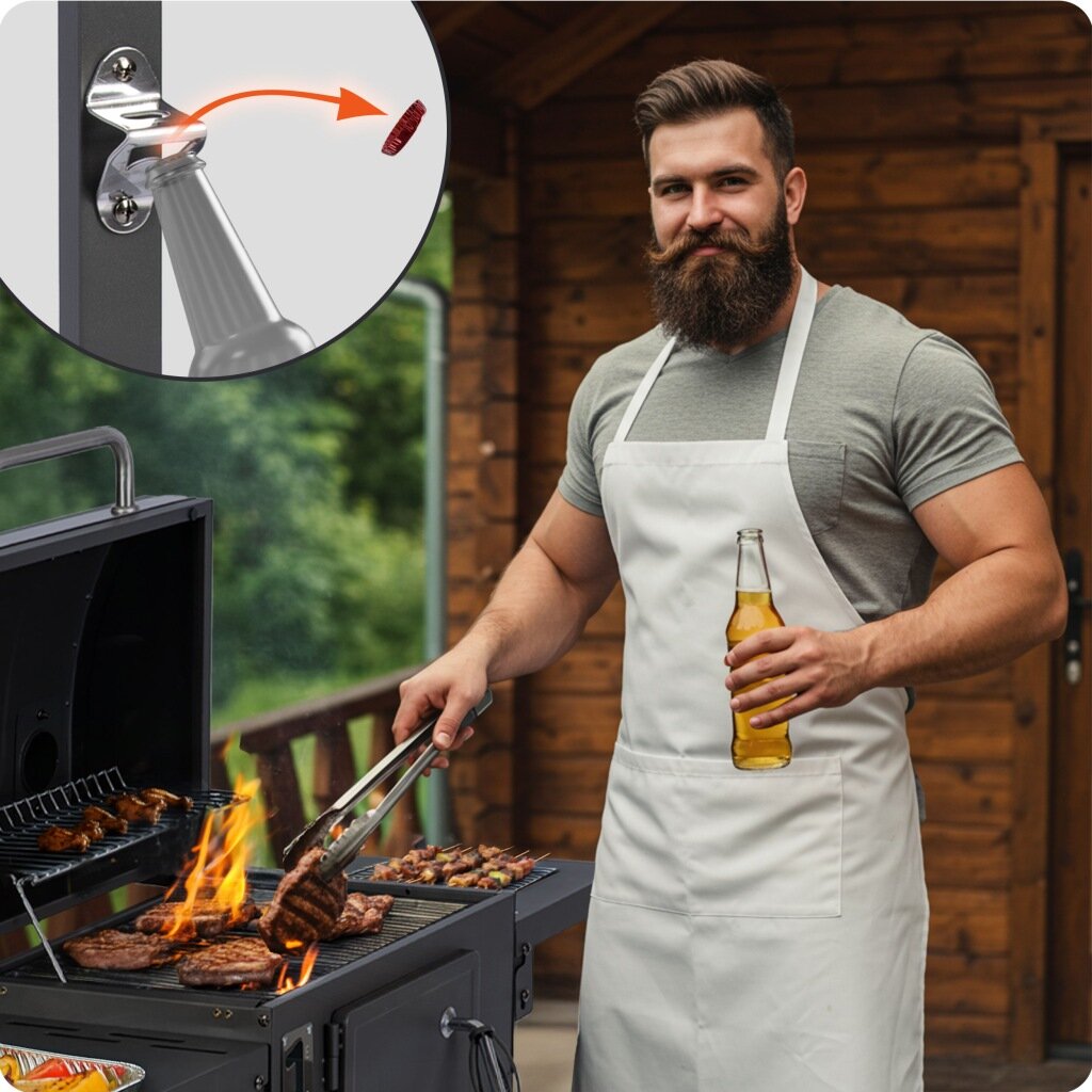 Mężczyzna w fartuchu grilluje mięso na dużym grillu węglowym, trzymając w ręku butelkę napoju. W rogu obrazu widoczny jest otwieracz do butelek zamontowany na ścianie.
