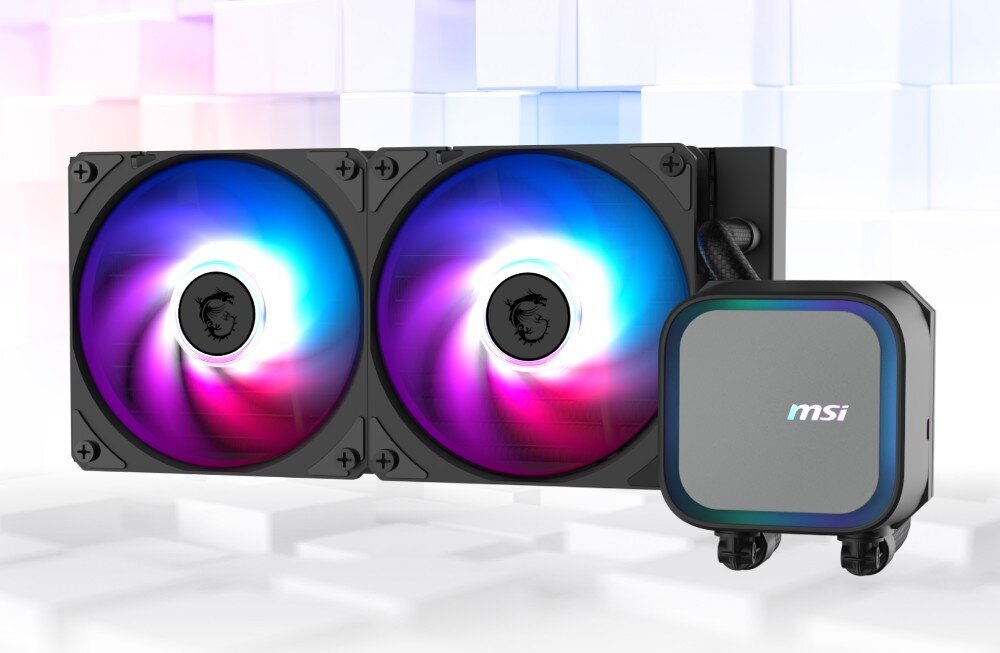 Komputer MAD DOG Powered by MSI F321R-I05DR32 zestaw chłodzenia wodnego z dwoma wentylatorami RGB oraz podświetlanym blokiem wodnym na jasnym tle