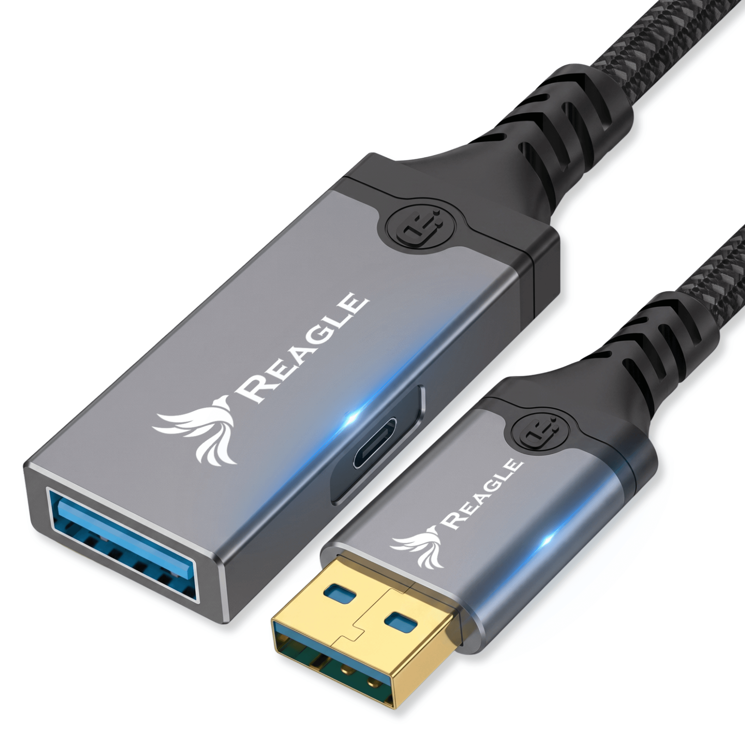 Obraz przedstawia przedłużacz USB z logo REAGLE na obu końcach. Jeden koniec ma złącze USB-A, a drugi port USB z niebieskim wnętrzem.
