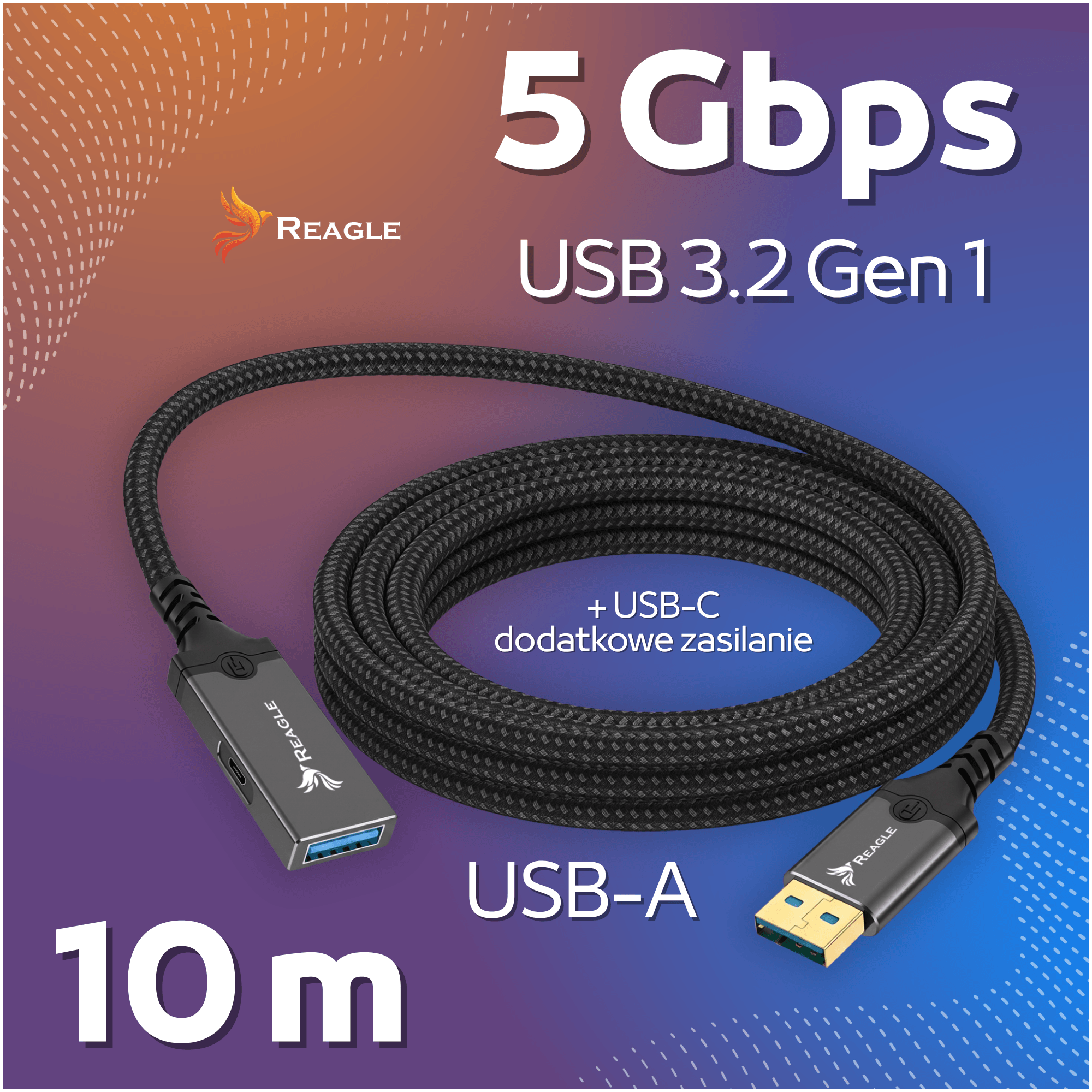 Obraz przedstawia czarny, pleciony kabel USB-A z logo REAGLE, o długości 10 metrów, z dodatkowym zasilaniem USB-C. Na tle widnieje tekst: \'5 Gbps USB 3.2 Gen 1\'.