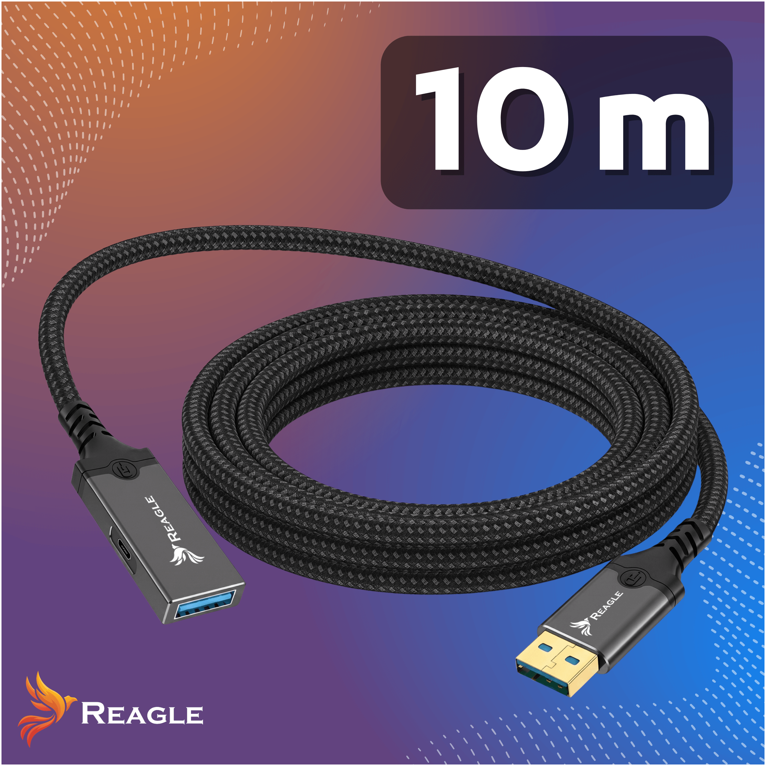 Obraz przedstawia czarny, pleciony kabel USB z logo REAGLE na obu końcówkach. W prawym górnym rogu widnieje napis \'10 m\'.