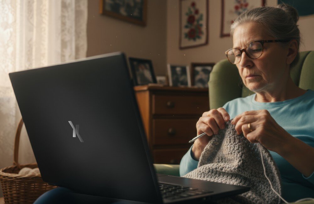 Osoba siedzi na fotelu i robi na drutach, obok znajduje się otwarty laptop z widocznym logo \'X\'. W tle widać drewnianą komodę i kilka obrazków na ścianie.