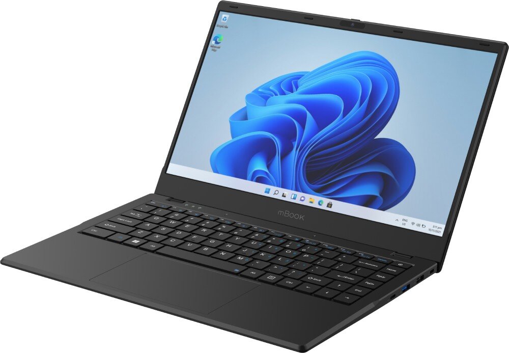 Laptop z czarną obudową i ekranem wyświetlającym niebieską grafikę systemu Windows. Na obudowie widoczne jest logo \'mBook\'.